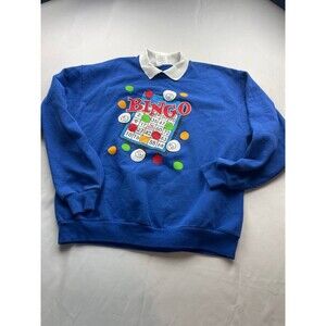 Vintage 90s Funny Bingo Sweater Womens Large Blue Jerzees Collared Novelty